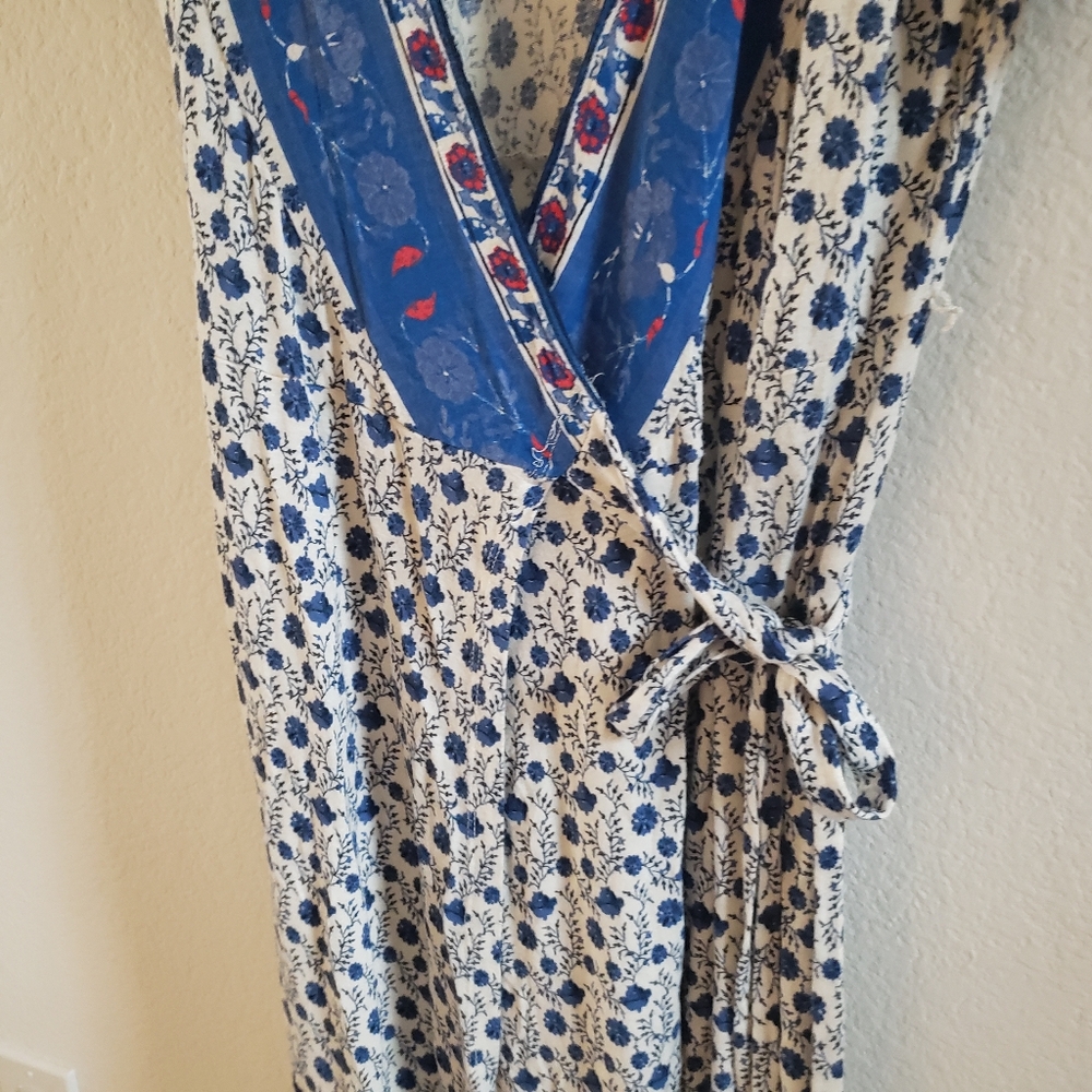 Lucky Brand Border Print Blue White and Red Midi Wrap Dress Small - Picture 6 of 9